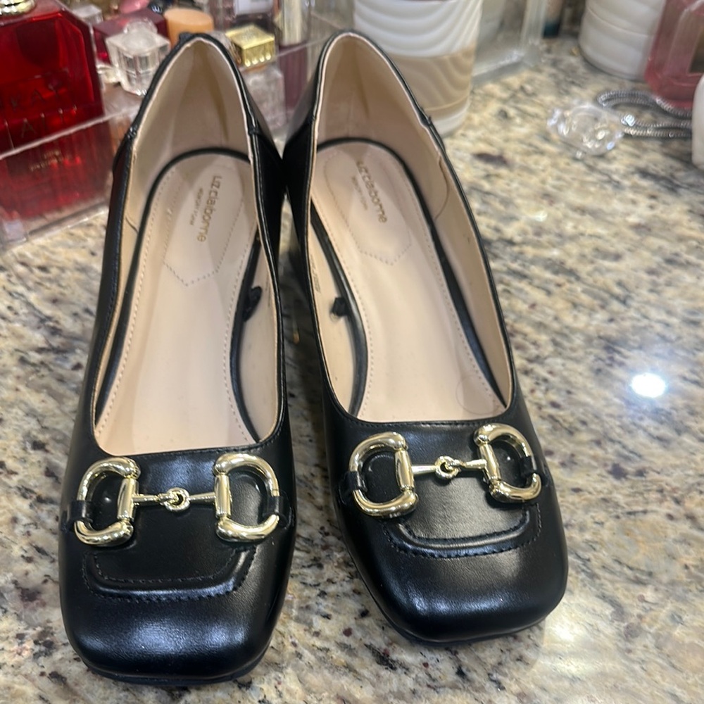 Liz Claiborne Black and Gold Loafers with Horsebit Detail